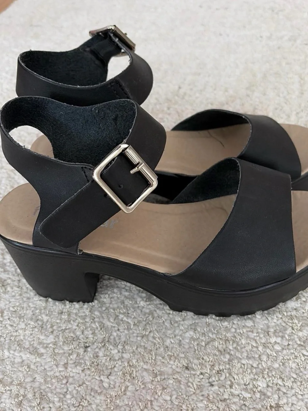 Black Platform Lug Sandals with Buckle