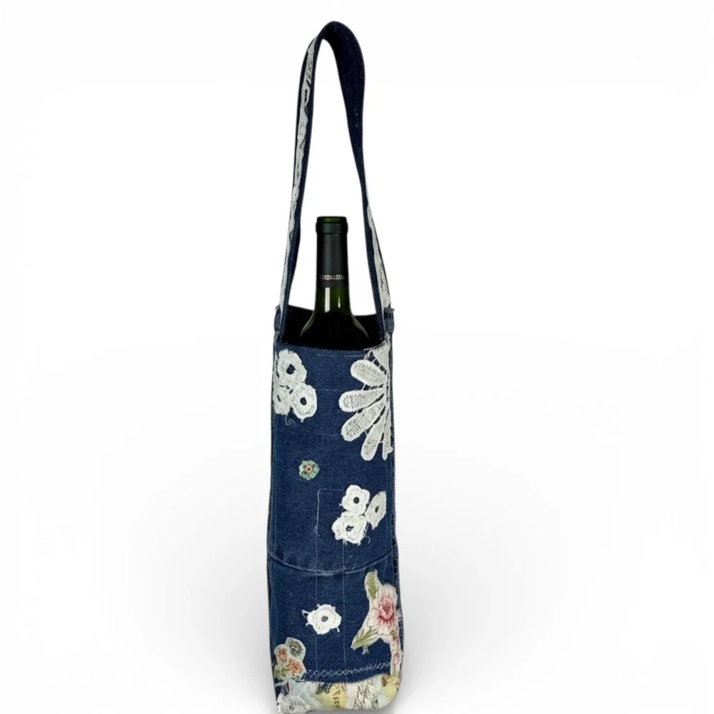 Handmade Denim Wine Tote Bag Floral Patchwork White‎ Lace Embellished