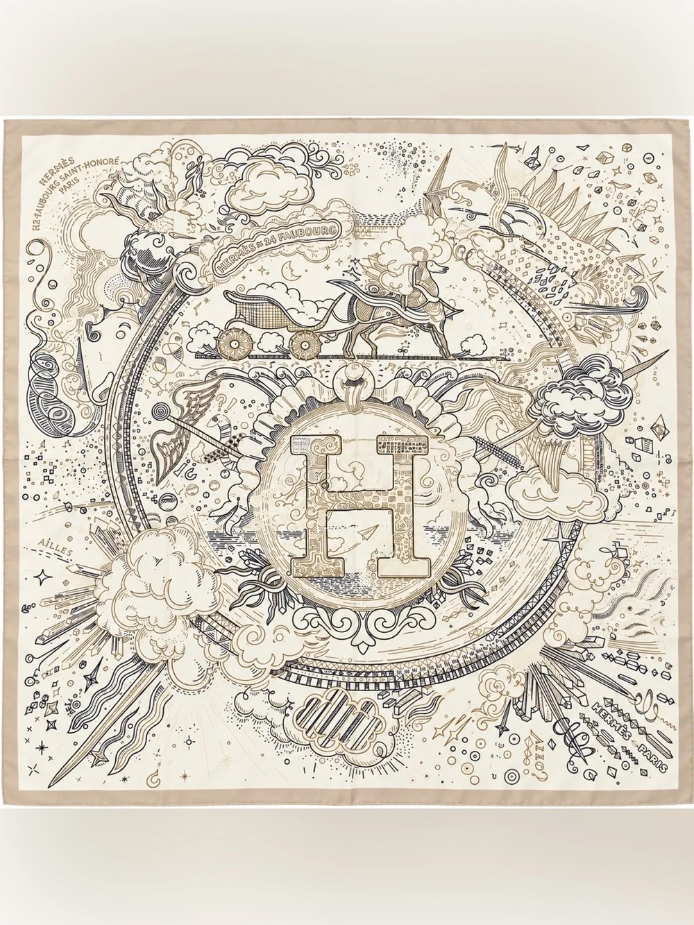 Hermes Black Gold Ivory Horse Carriage Celestial Print Square Silk Scarf 35x35