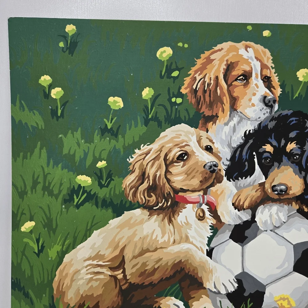 VTG Puppies and Soccer Paint By Number Finished Acrylic‎ Painting 14x20 Retriver