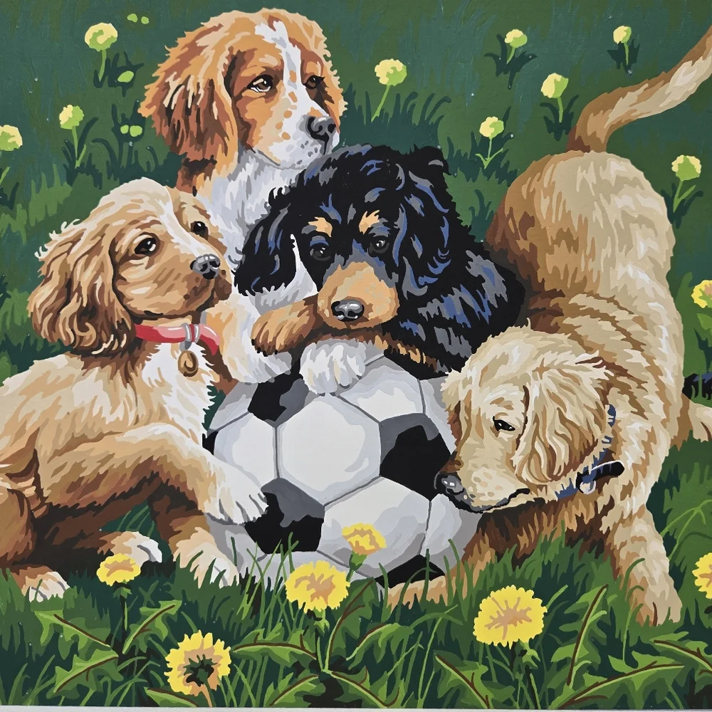 VTG Puppies and Soccer Paint By Number Finished Acrylic‎ Painting 14x20 Retriver