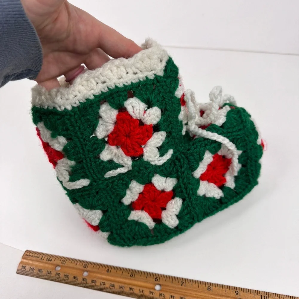 Vtg Small‎ Granny Square Red Green White Yarn Christmas Holiday Stocking Decor