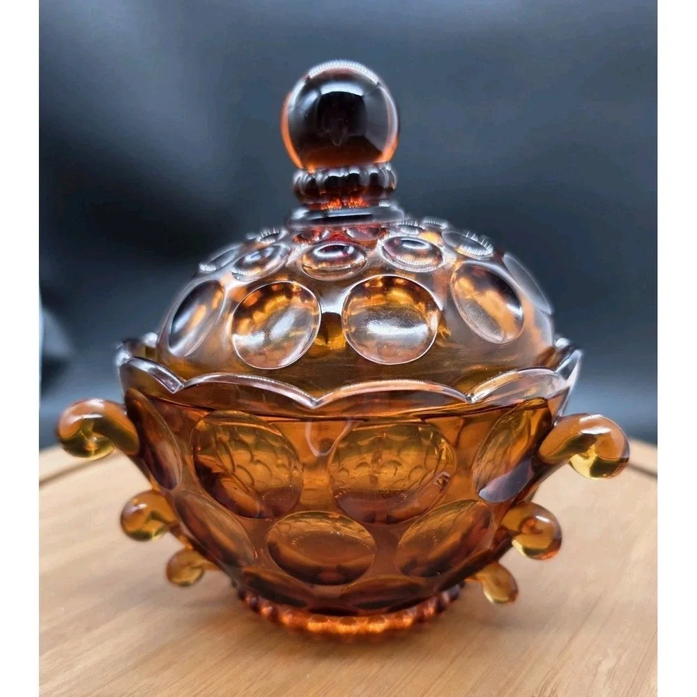 Provincial Amber Imperial Glass Candy Dish W Lid /‎ Handles Vintage MCM BoHo