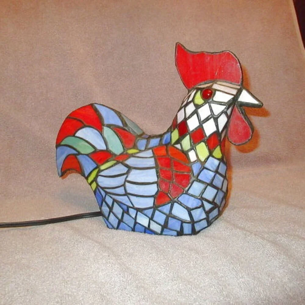 Vtg Tiffany Style Stained Glass Rooster Bird Table Lamp Night Light Off Switch
