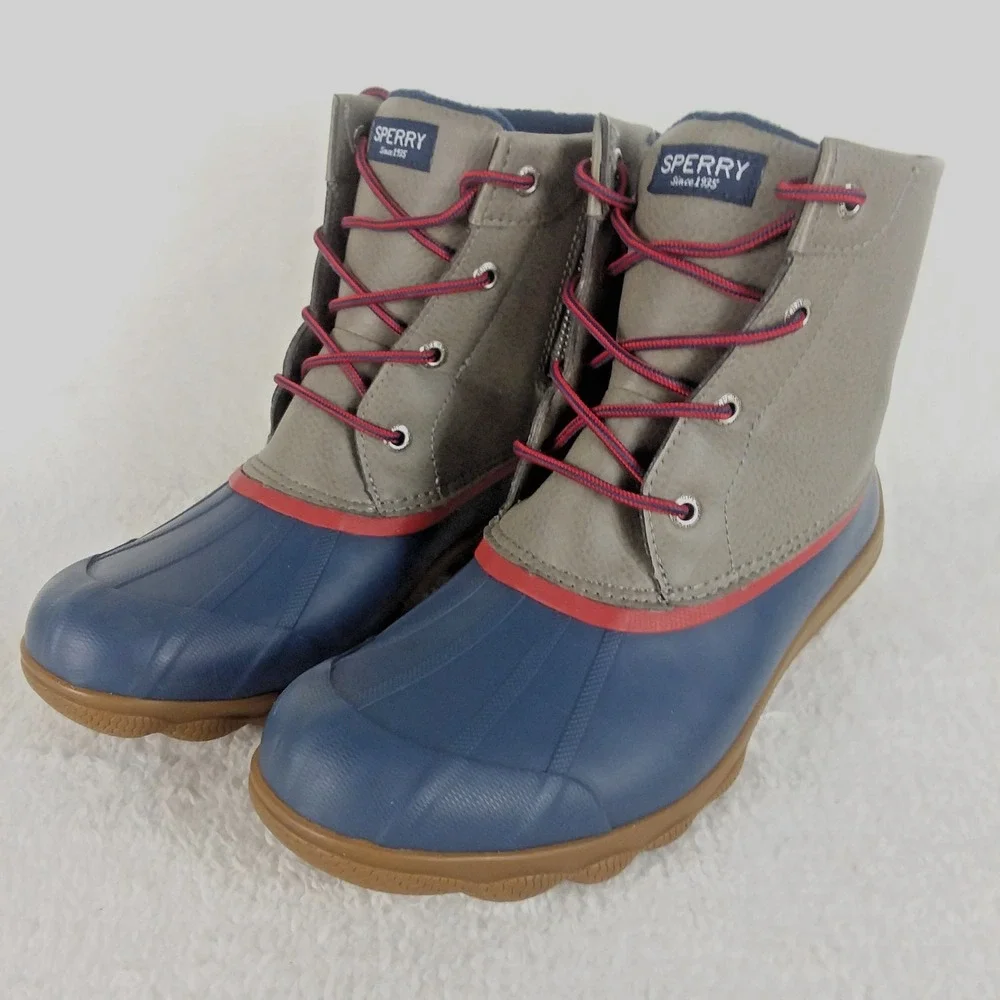 Sperry Syren Gulf Duck Rain Boots Ankle Zip Navy‎ Red Gray Women's 8 Winter Rain