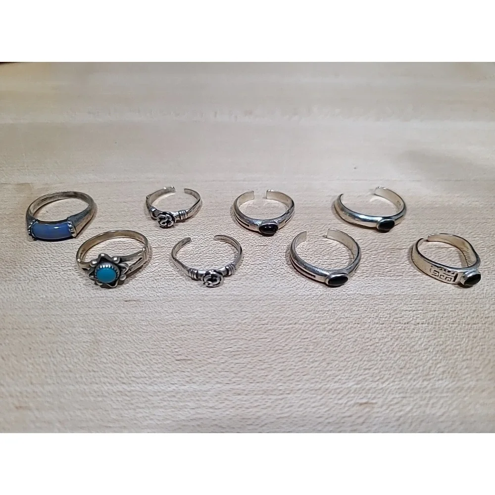 Vintage Sterling Silver Ring Lot 8pc Boma 925 Turquoise Onyx Adjustable Toe Ring