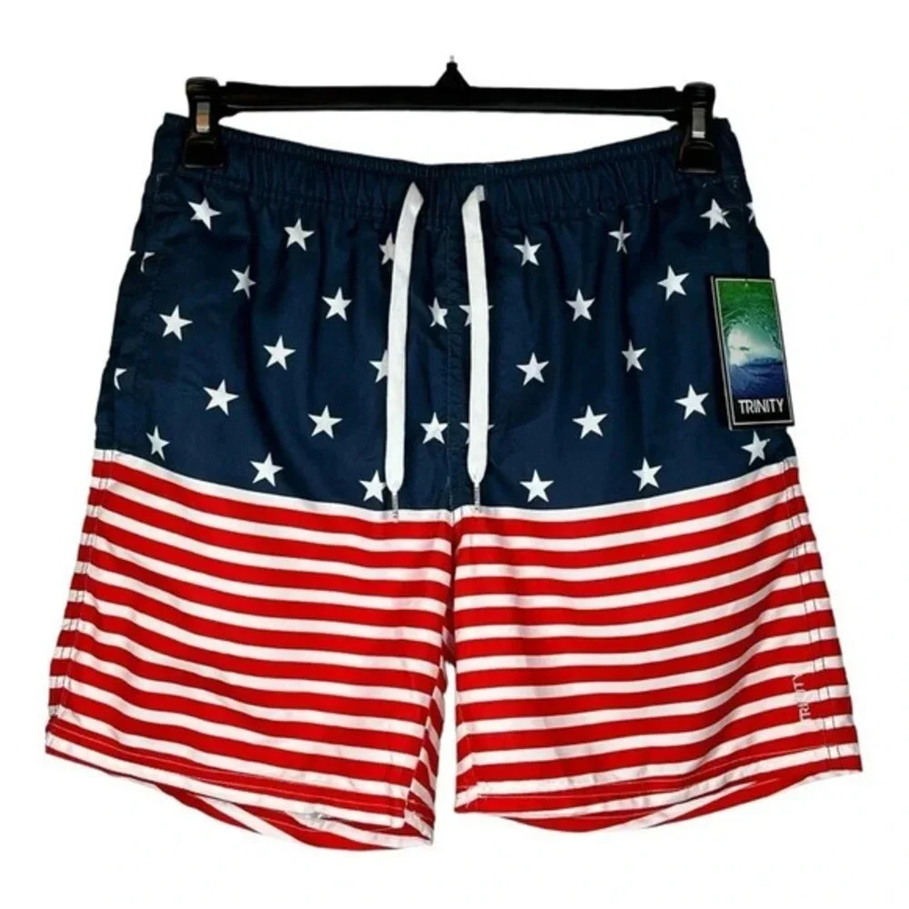 Trinity Collective Swim Trunks Mens Small Navy Red USA American Flag Stars‎ NWT