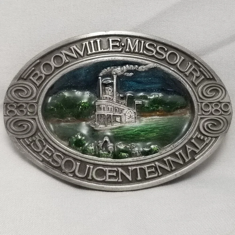 Belt Buckle Pewter Boonville Missouri River Sesquicentennial 1839 - 1989 Steambo