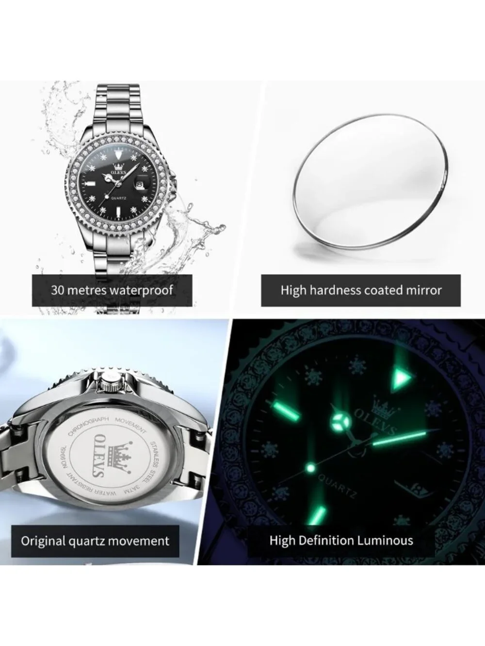 Women's Black Luxury Diamond with Date Analog Quartz Waterproof Wrist Watch