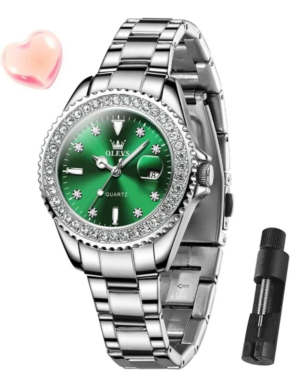 Women's Green Luxury Diamond with Date Analog Quartz Waterproof Wrist Watch