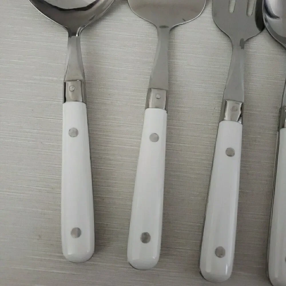 Lifetime Stainless Serving Utensil & 4 Dinner Knives Rivet White Handle Thailand