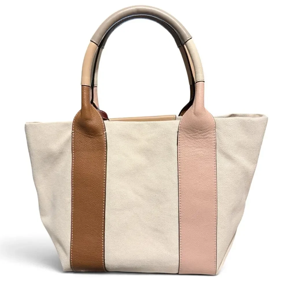See by Chloé Ivory Canvas Tote Bag Tan Blush Leather Trim Dual Handle w/ COA