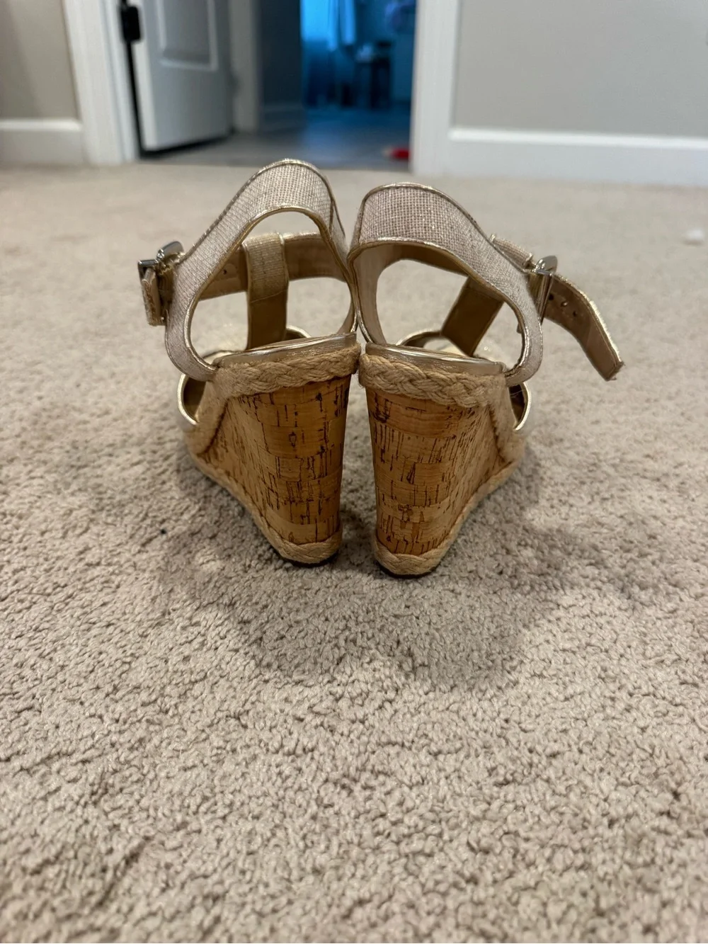 ANTONIO MELANI Gold Linen T-Strap Platform Wedges