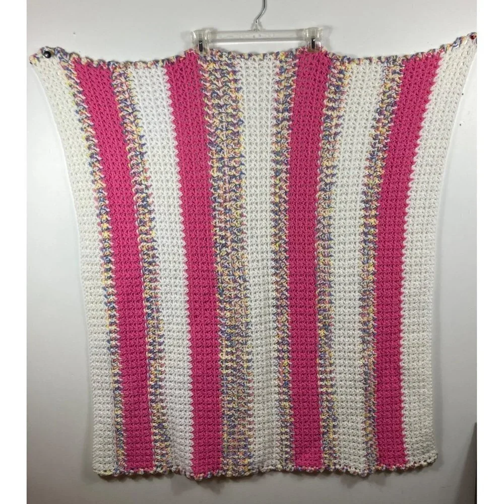 Handmade Crocheted Blanket White Dk Pink Variegated‎ Pastel Stripes 36 x 41