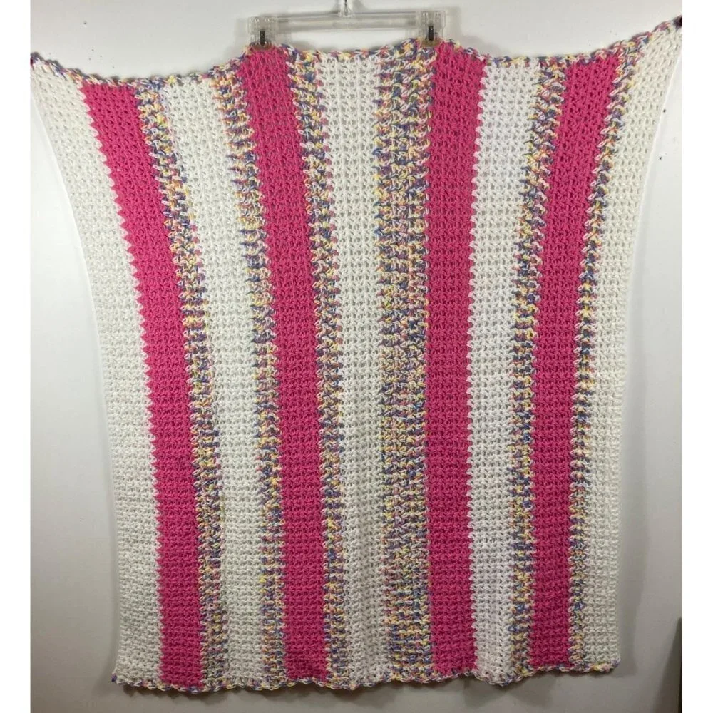 Handmade Crocheted Blanket White Dk Pink Variegated‎ Pastel Stripes 36 x 41
