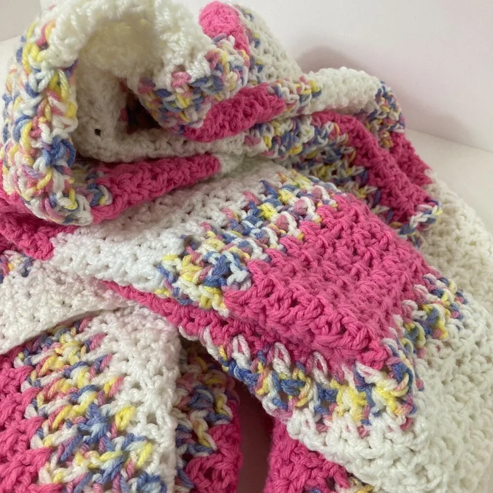 Handmade Crocheted Blanket White Dk Pink Variegated‎ Pastel Stripes 36 x 41