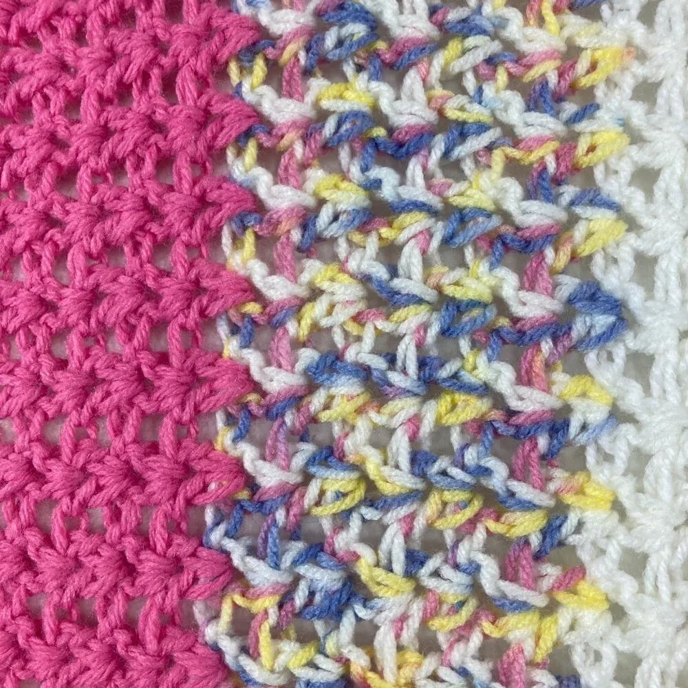 Handmade Crocheted Blanket White Dk Pink Variegated‎ Pastel Stripes 36 x 41