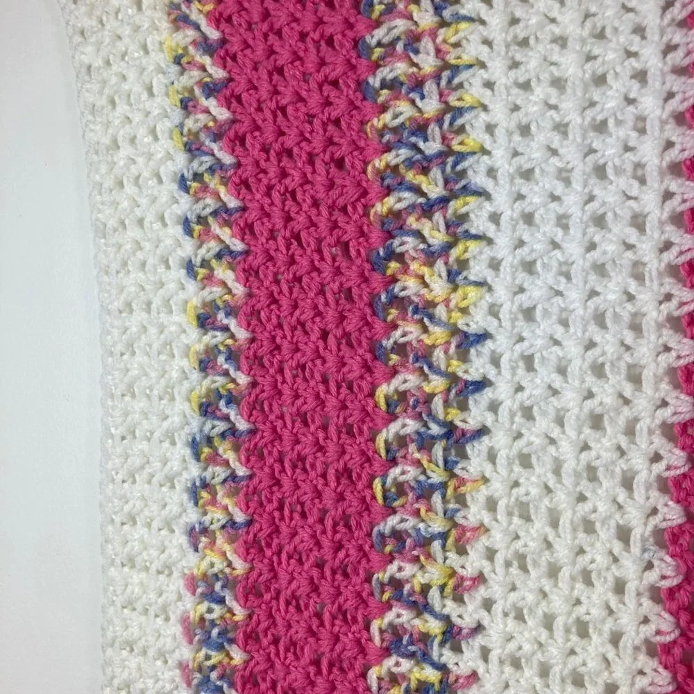 Handmade Crocheted Blanket White Dk Pink Variegated‎ Pastel Stripes 36 x 41