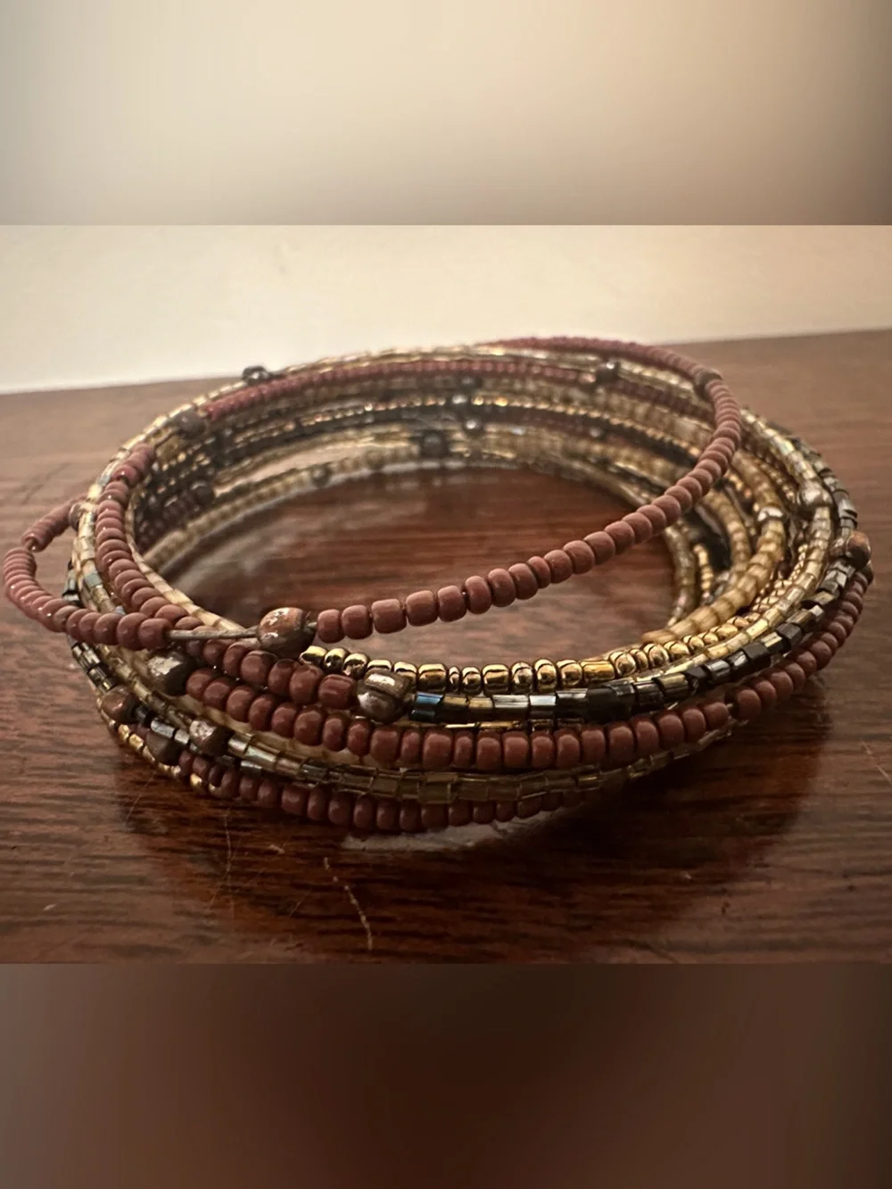 Multi-Strand Brown and Gold Beaded Coil Bracelet - Women's Jewelry