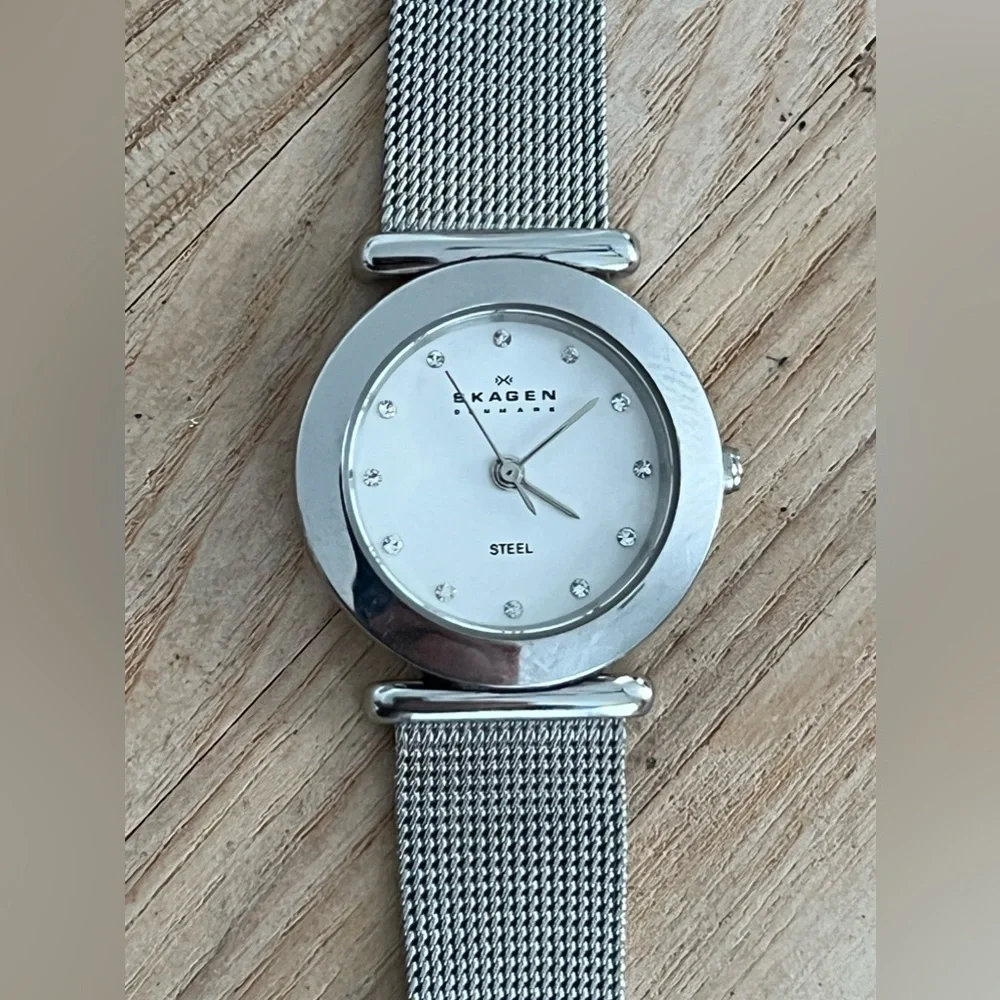 Skagen Steel Denmark Ladies Watch Stainless Steel Mesh Bracelet Crystal Markers