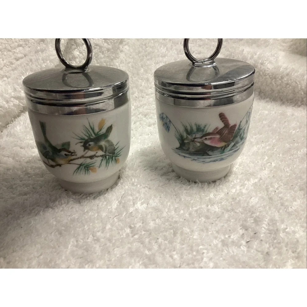 Vintage Ceramic Bird Egg Coddlers Set of 2 Chrome Lids Songbird Nature Design