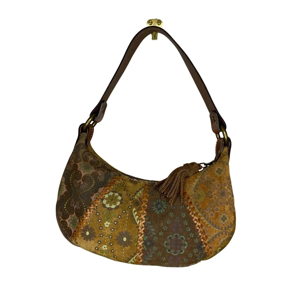 Floral Paisley Patchwork Suede Hobo Bag Tassel Whipstitch Brown Boho Bag