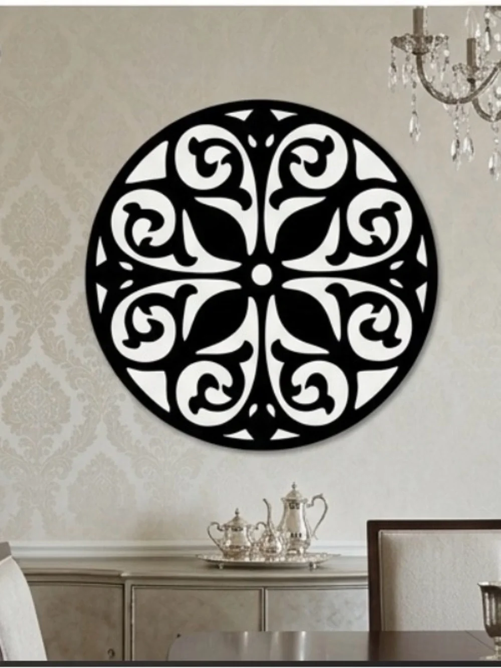 Ornate Round Black Wall Medallion - Decorative Scroll Accent