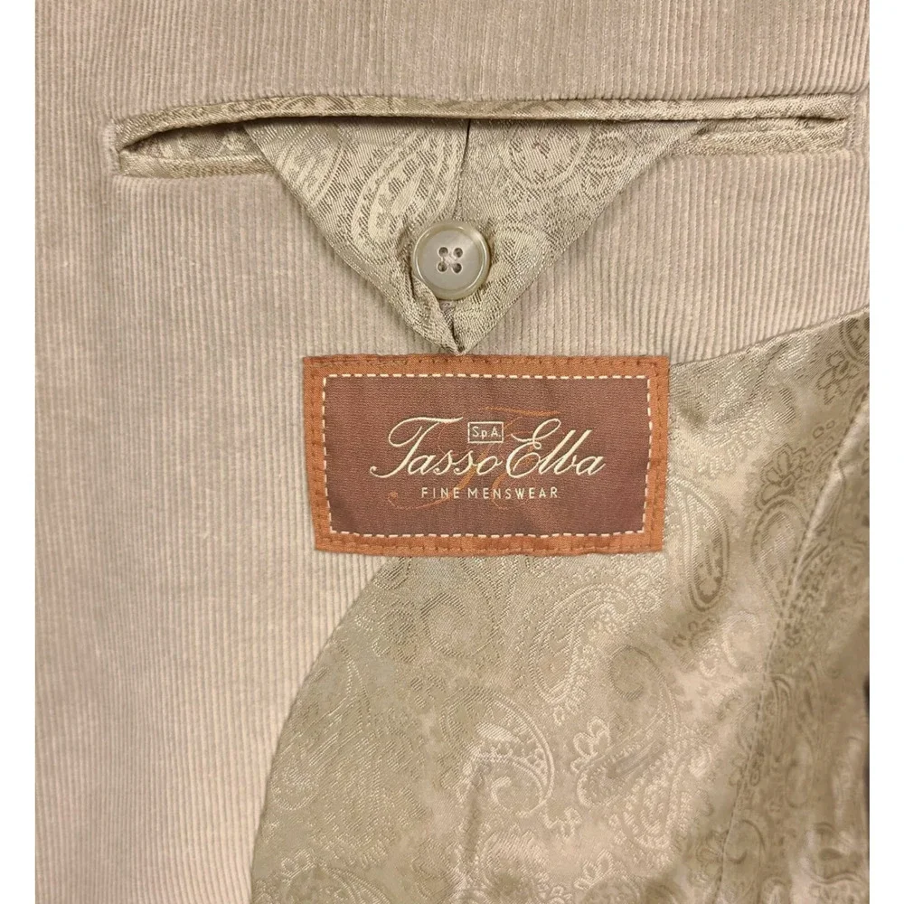 TASSO ELBA Sport Suit Coat Blazer Mens Tan Corduroy Three Button Cotton LARGE