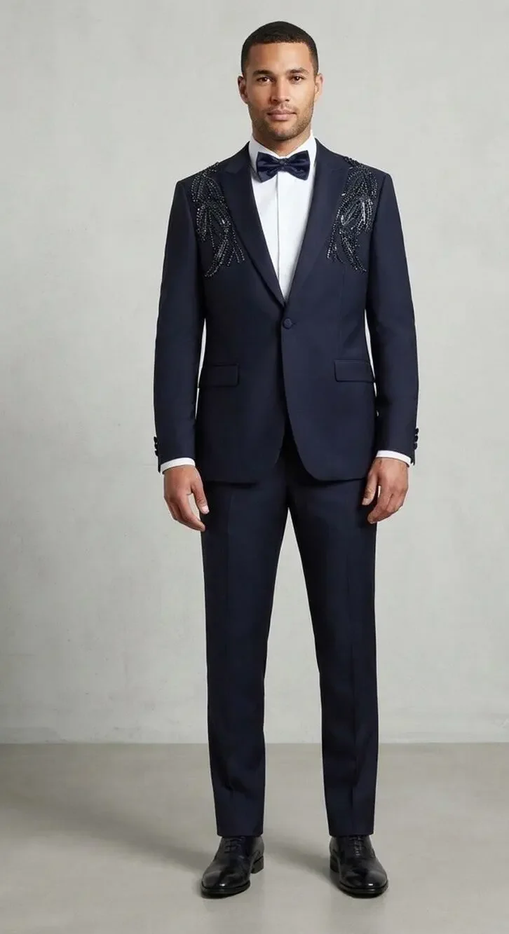TORRES Mens Navy Suit US 44 EU 54 Beaded Sequin Embellished Jacket Pants Set N14