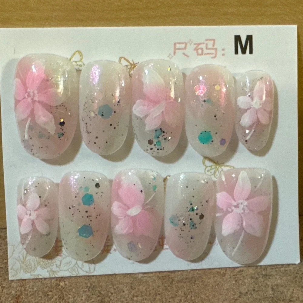 Pink Floral Press On Nails Medium Almond Cherry Blossom Glitter Iridescent‎ Set