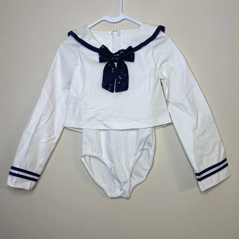 Weissman Bon Voyage Kids Large LC‎ Sailor Dance Leotard Costume Sequin Bow Navy
