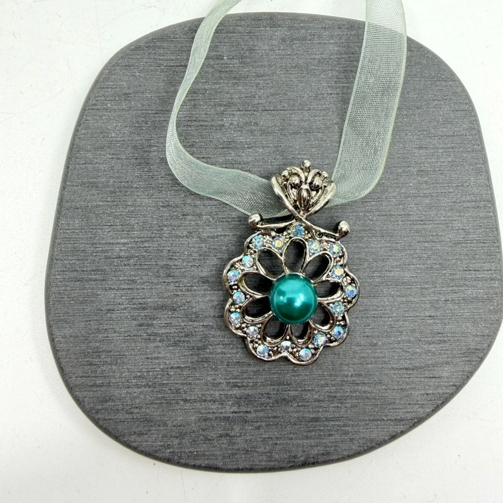 Necklace Teal Faux Pearl AB Rhinestone Silver Tone Flower Organza Ribbon Boho