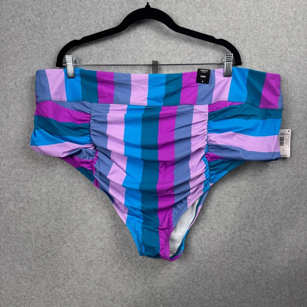Torrid Swim Bottoms Womens 4X Purple‎ Blue High Waist Ruched Cheeky Striped NEW