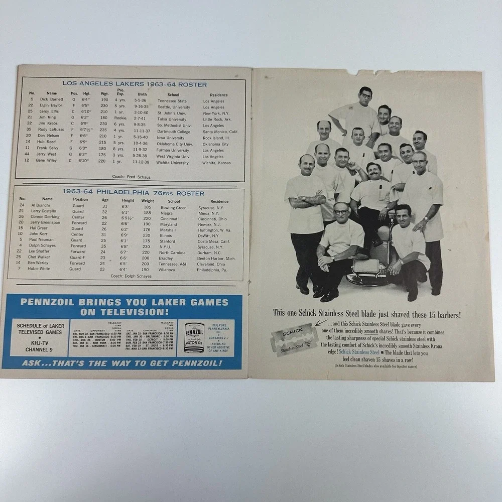 1963-64 NBA Basketball Program Philadelphia 76'ers Los Angeles Lakers Silverwood