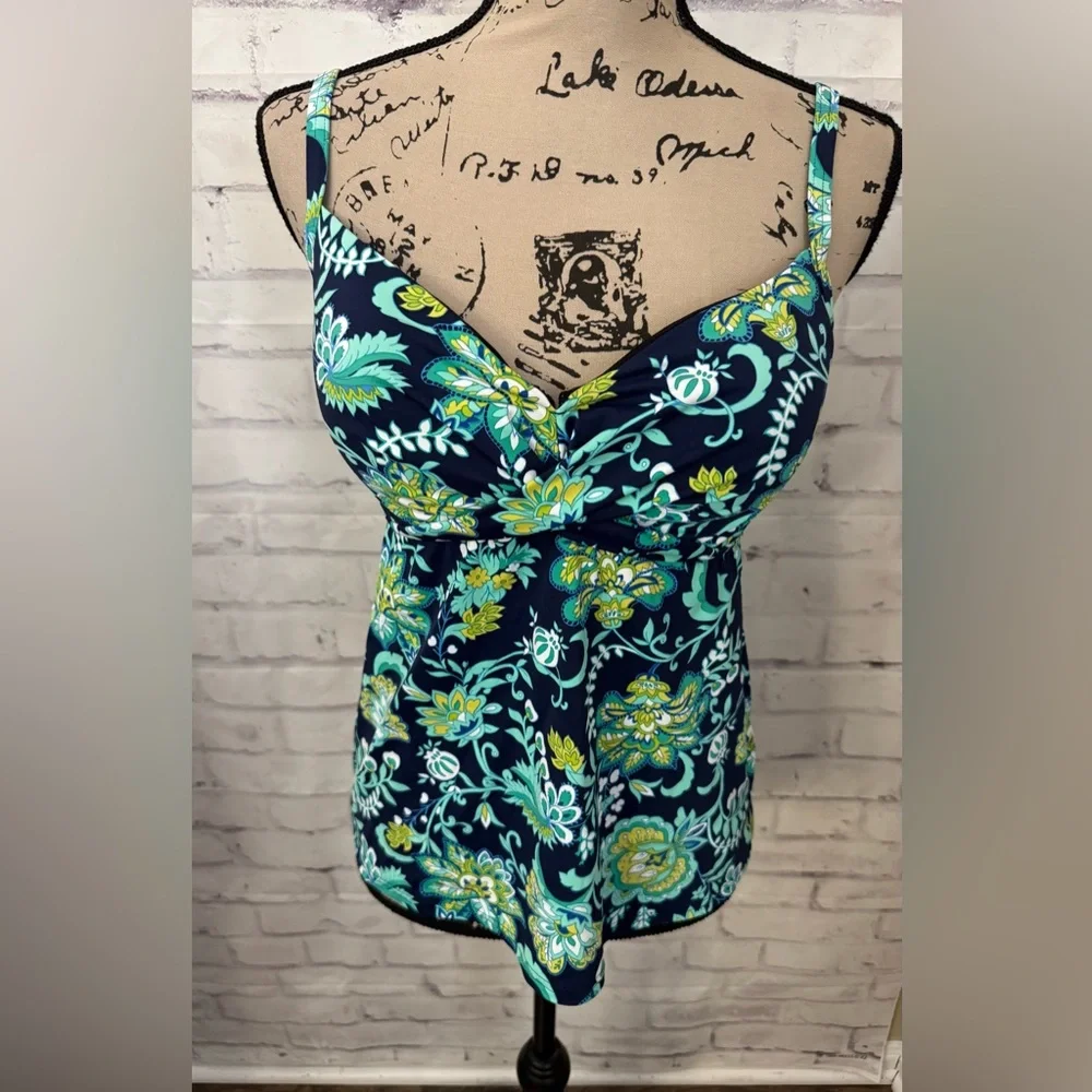 Lands' End Size‎ 32DD/34D Blue Green Floral Tankini Top Underwire Bra Swimsuit