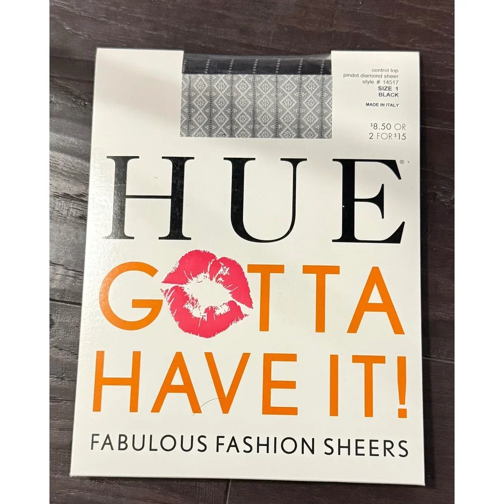 HUE Womens Size 1 Pindot Diamond Sheer Tights Black Control Top 14517 NEW