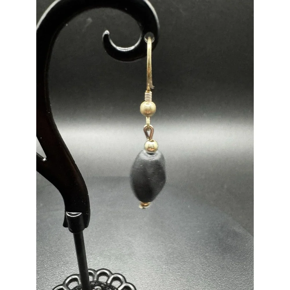 Mexico Black Obsidian Matte Oval Bead Drop Earrings Silver Tone Fishhook Dangles