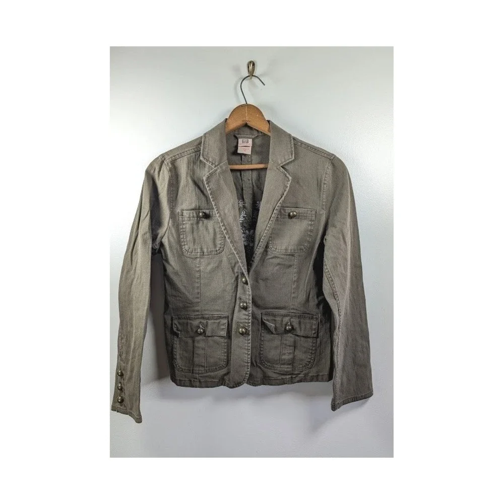 Y2K Faded Glory Jacket Womens Size 14 Studded Embroidered Military Utility Cargo