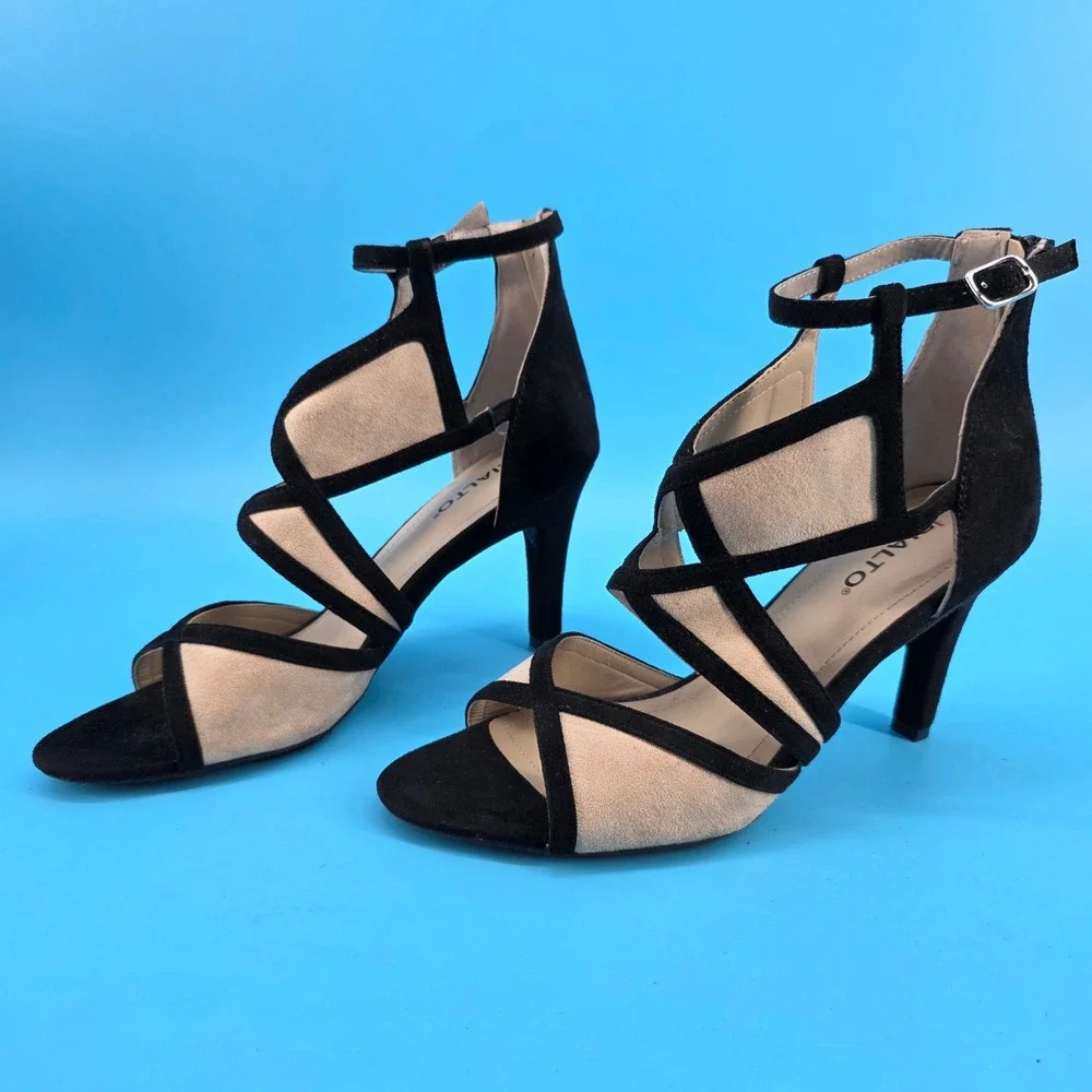 Rialto Ria Womens Black Beige Strappy Caged Dress Sandals Heels Size‎ 9M R6863Z