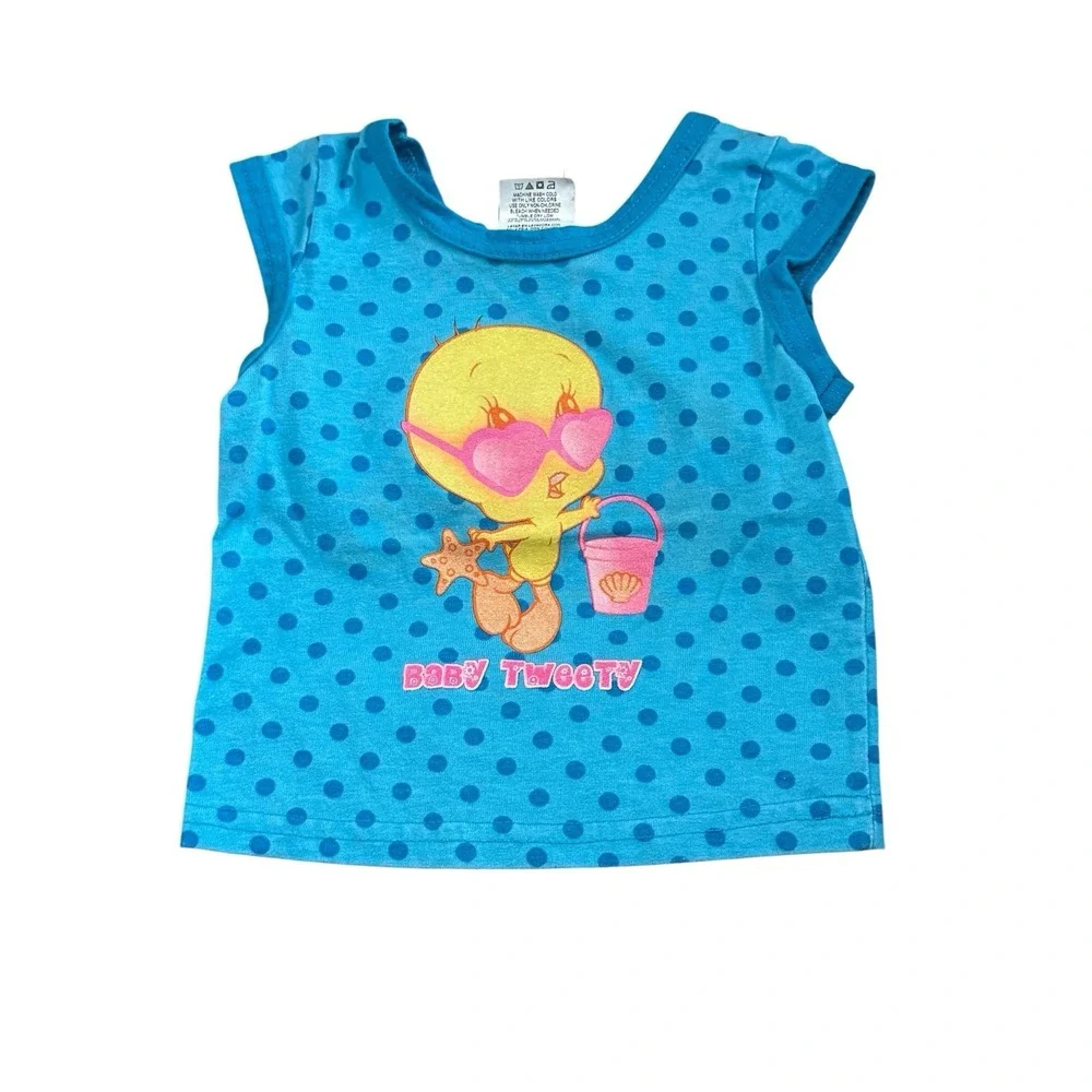 VTG Looney Tunes Baby Tweety Bird Blue Polka Dots Girls SZ 6-9 Mths‎