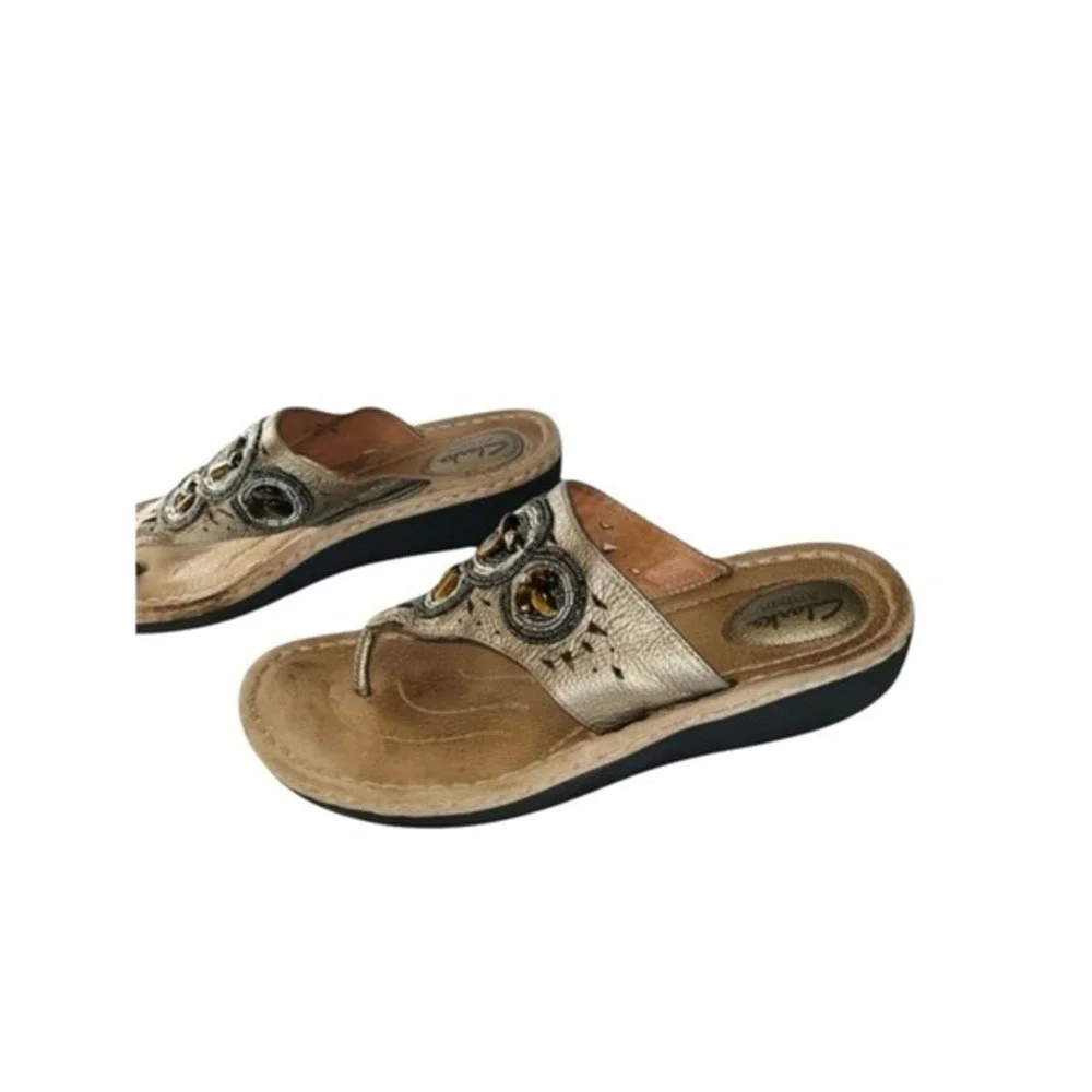 4/$40 Clarks‎ Brown & Black Decorative Elements Leather Thong Flip-flop Sandals