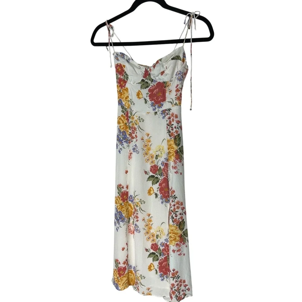 Reformation Slit Leg Tie Strap Midi Dress Ivory Red‎ Yellow Blue Floral Size 2