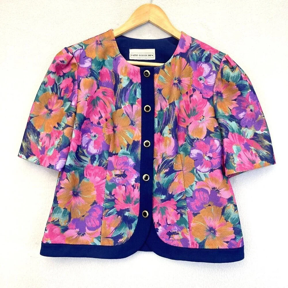 Pablo Collection Button‎ Up Floral Blazer Jacket 8P Petite 8 Colorful 1/2 Sleeve