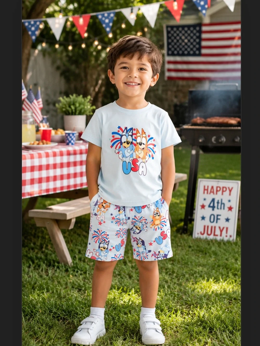 LAST ONE! New Boys Bluey & Friends Theme Patriotic‎ Labor Day Short Set Boutique