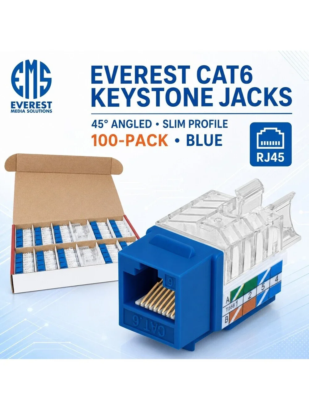 Everest Cat6 RJ45 Keystone Jacks 45-Degree Slim Blue 100-Pack