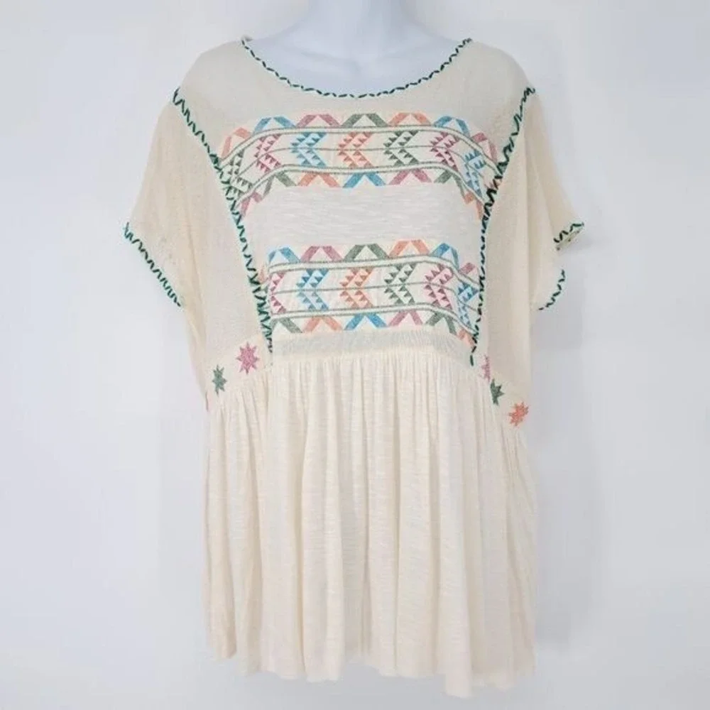 Free People Boho Aztec Embroidered Flowy‎ Gauze Top Oversized Size Small