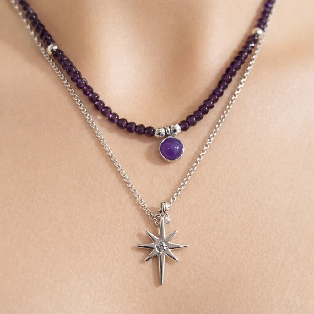 Silver tone Star Pendant & Purple Beaded Necklace Set - Stylish Women's Jewelry