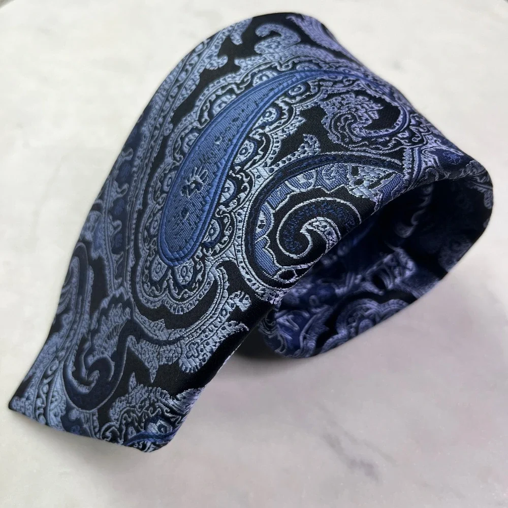 Kenneth Roberts Platinum Mens Tie Blue Black Paisley Woven Jacquard Necktie