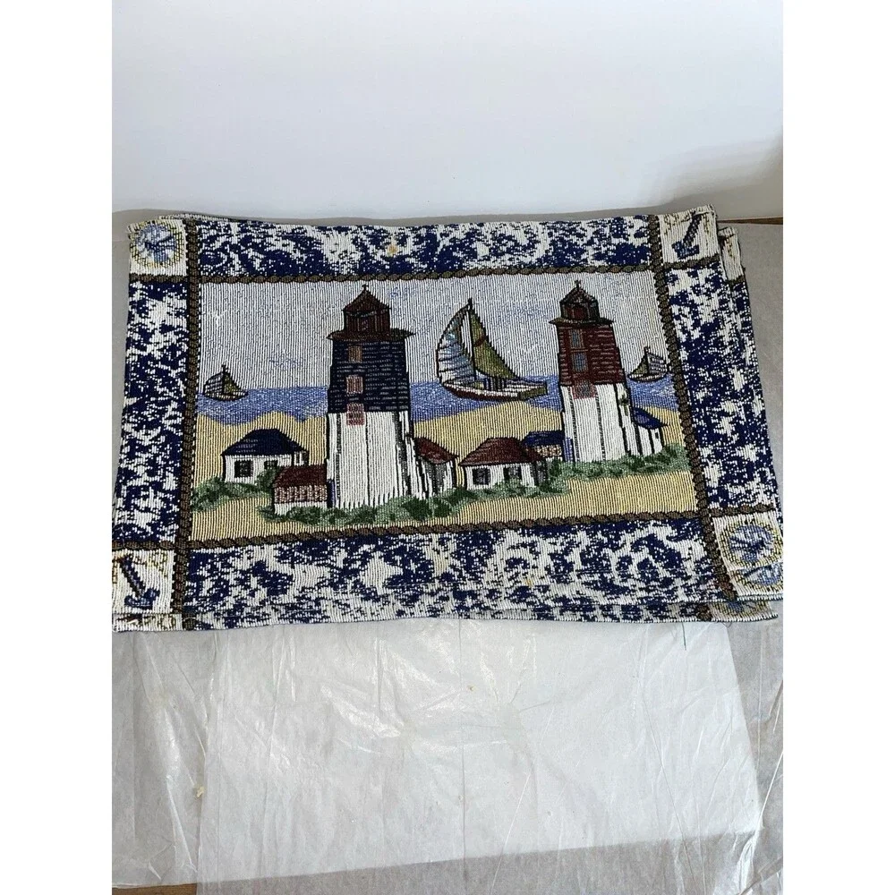 Set of 6 Nautical Tapestry Placemats Lighthouse Sailboat Coastal Beach House