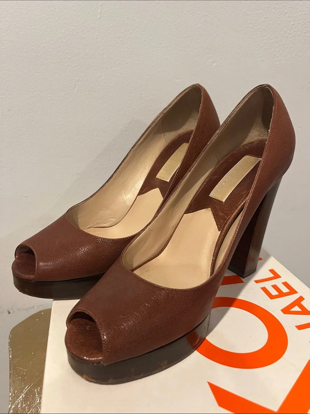 Michael Kors Brown Leather Peep-Toe Pumps